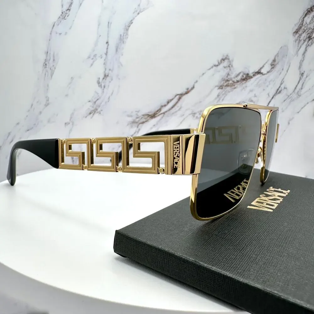New VERSACE Sunglasses Gold Metal Greca Logo Rectangle Black Gray